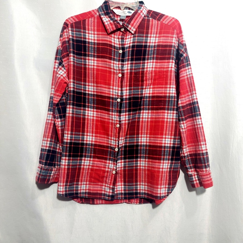 Old Navy Women The Boyfriend Cotton Shirt Size L Button Up Lightweight Red Plaid